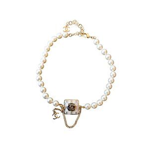Chanel 24C Enamel CC Square With Pearl Choker Necklace Gold